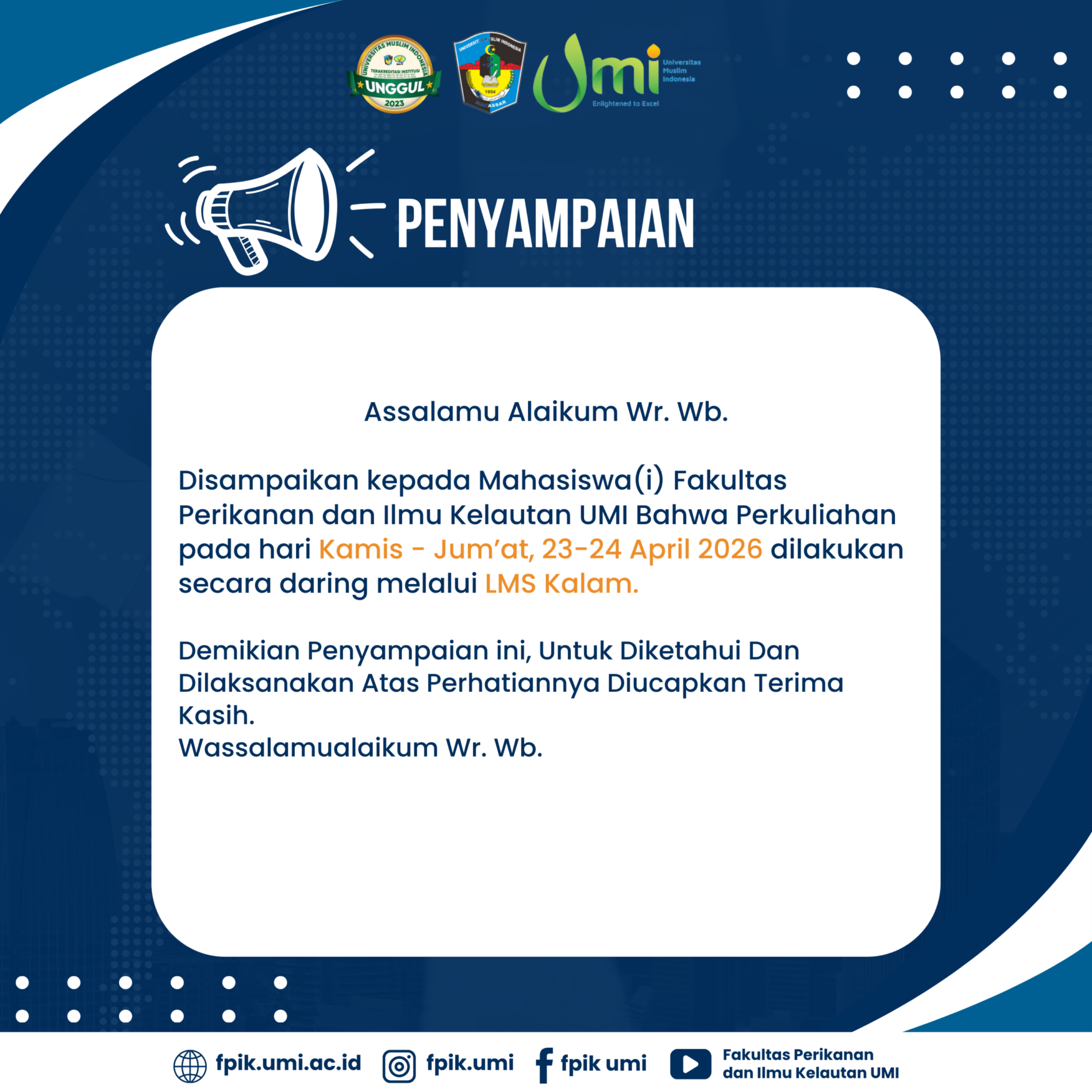 PENYAMPAIAN PERKULIAHAN SECARA ONLINE TANGGAL 23-24 APRIL 2026